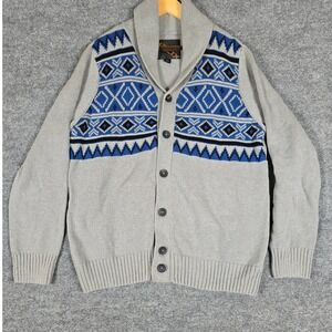 HELIX Mens Shawl Collar Cardigan Sweater Gray Blue Fair Isle Pattern‎ Size XL